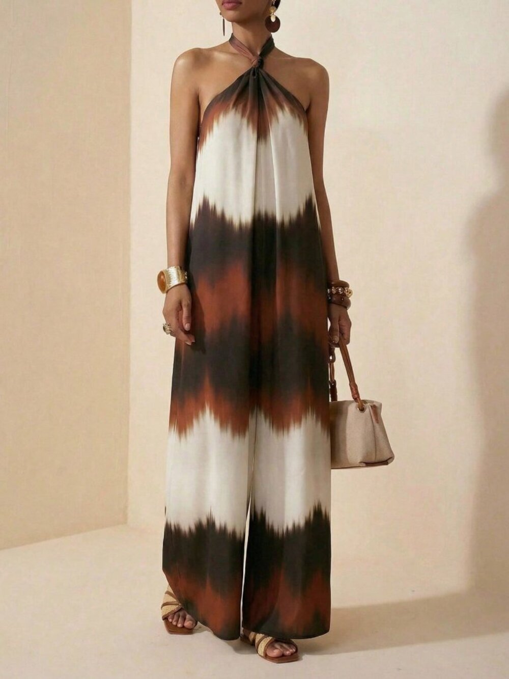 Multicolor Boho Women's Casual Vacation Halter Neck Wide-Leg Jumpsuit